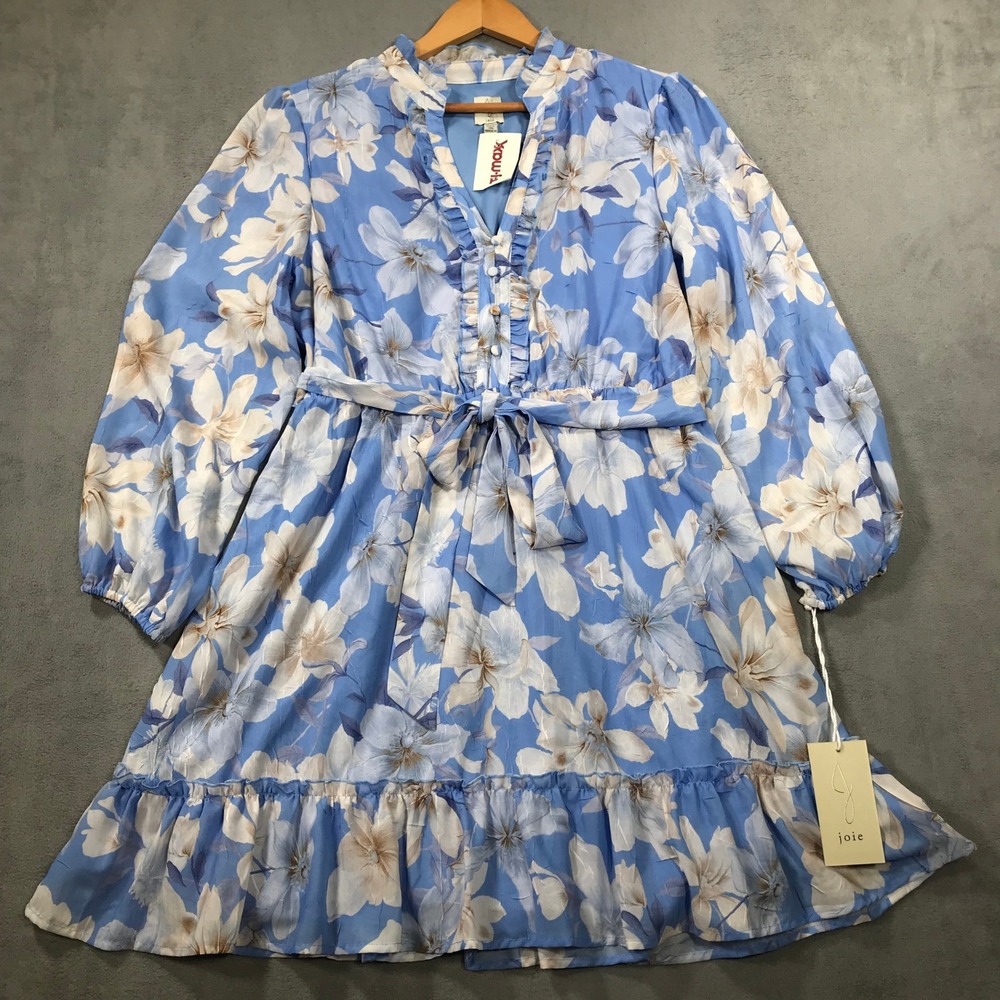 Joie Mini Dress Women XL Blue New Floral Ruffle Tie Waist Long Sleeve Tiered Hem